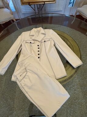 Escada Vtg Womens Suit EU 40 Cream Contrast Stitch Blazer Pants Quiet Luxury